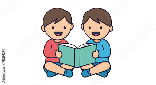 Two happy little boys sitting together and reading an open book, symbolizing friendship, shared learning, and joyful storytelling, isolated white background.