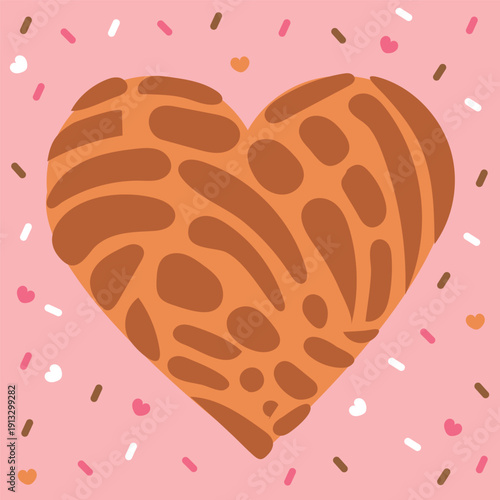 Mexican bread in the shape of a heart for Valentine's Day with a pink background and hearts around Mexican conchas