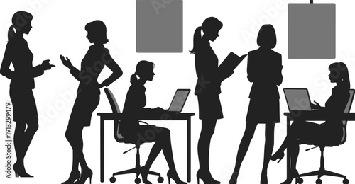 Women in silhouette engaged in office activities, including discussions, working on laptops, and reviewing documents, depicting a modern business environment
