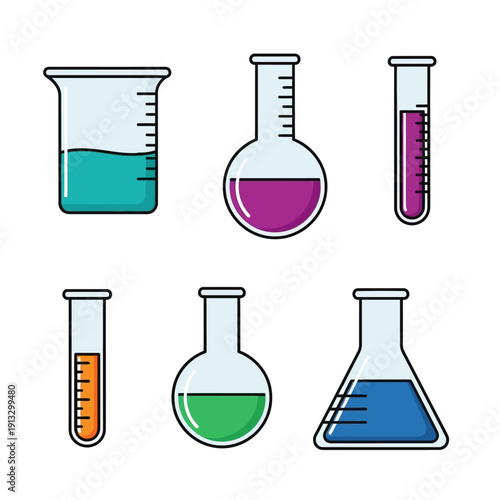 Isometric Collection of Laboratory Beakers and Flasks with Colorful Liquids on Isolated White Background