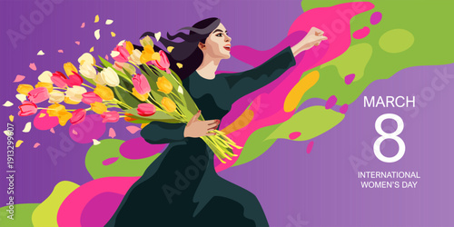 International Womens Day 8 March postcard. Young woman with flowers and hand clenched into fist.