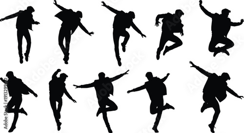 Dancing men silhouettes collection, jumping poses, hip hop dancers, energetic movement, isolated black figures, dynamic action, stylish male dance set