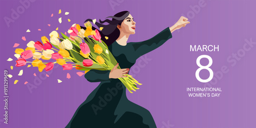 International Womens Day 8 March postcard. Young woman with flowers and hand clenched into fist.