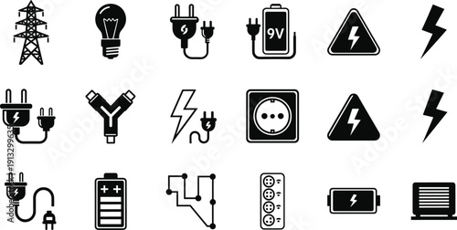 Electricity icons collection, power energy symbols, plugs, battery, lightning, socket, electric supply, technology signs, isolated black silhouette vector set