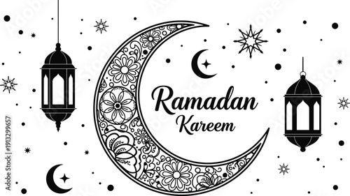 Elegant Ramadan Kareem crescent moon and lantern, Islamic festival greeting illustration, with floral patterns stars night background, vector design black