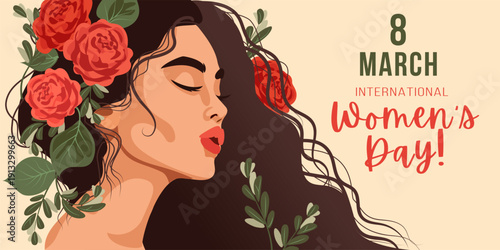 8 March International womens day Greeting Card. Beautiful young woman with flowers in hair.
