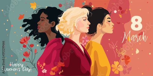 8 march International Women s day greeting card. Three women of different nationalities.