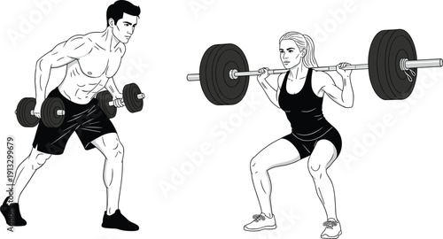 Fitness, workout, couple, lifting, weights, strength, training, gym, exercise, bodybuilding, healthy, lifestyle, squat, dumbbell, barbell, athlete, muscle, power, conditioning, wellness