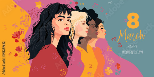 8 march International Women s day greeting card. Four women of different nationalities.