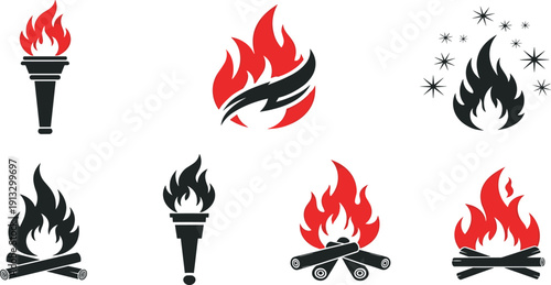 Hot fire flame and torch silhouette set, red and black bonfire icons with burning logs and spark symbols vector illustration isolated on white background.