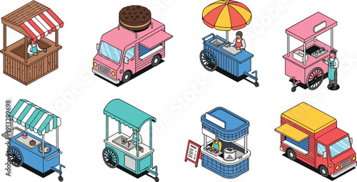 Colorful street food carts and trucks collection, mobile food vendors and market stalls for urban fast food business concept illustration