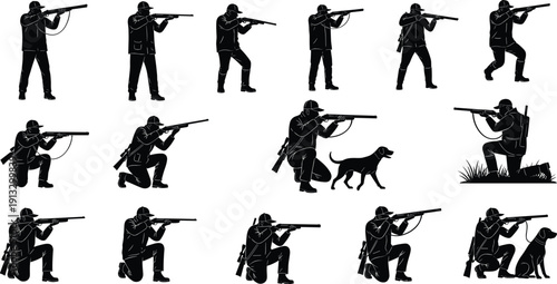 Hunter silhouettes with rifles and hunting dogs, outdoor hunting activity poses collection for wildlife sport, shooting and tracking illustration set