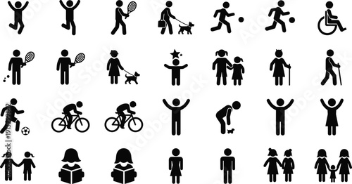 Human pictogram icons, people activities, stick figure symbols, lifestyle actions, universal signs, public information, silhouette characters, vector icon set