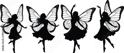 Elegant Fairy Silhouette Collection Featuring Beautiful Girls with Butterfly Wings Dancing and Posing in Magical Fantasy Style Isolated Vector Set for Crafting and Design