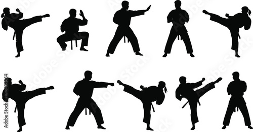 Karate martial arts silhouette fighters performing kicks and punches, combat training and self defense action poses illustration collection set design