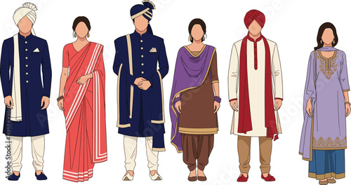 Indian traditional clothing, diverse people, cultural attire, men and women, ethnic fashion, wedding costume, saree, sherwani, kurta, illustration, isolated vector