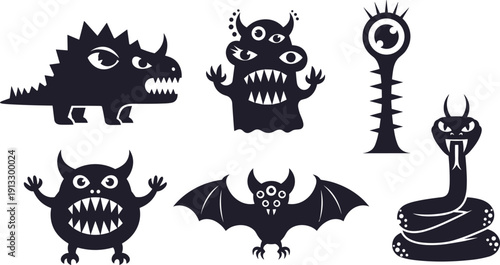 Spooky monster and mythical creature silhouettes set, black cartoon alien icons with scary dragon, bat, snake and cyclops vector illustration isolated on white background.