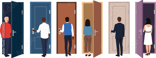People entering doors, opportunity concept, choice decision, open doorway, business success, career path, new beginnings, entrance illustration, isolated vector design