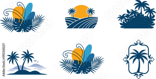 Tropical island landscape silhouettes set with coconut palm trees, summer sunset over sea and exotic floral elements vector illustration isolated on white background.