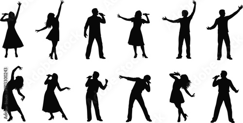 Singers and performers silhouette collection with microphones, live music concert performance poses, vocal artists and stage entertainment illustration set design