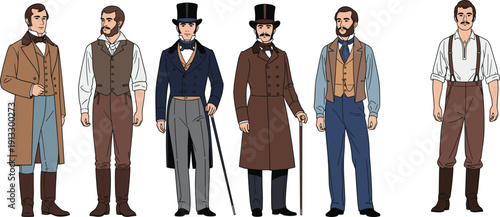 Victorian men fashion, vintage gentlemen, historical clothing, classic suits, retro style, nineteenth century outfits, elegant male characters, illustration isolated vector set