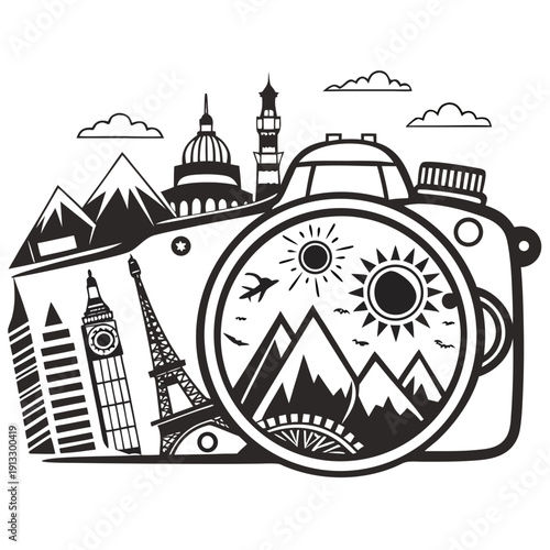 black and white illustration of a camera with travel landmarks