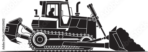 Black and white of a bulldozer with a pile of dirt heavy machinery construction equipment earthmoving