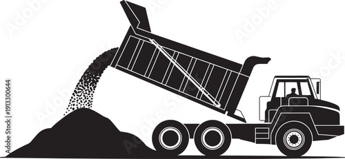 Black and white of dump truck unloading dirt vehicle construction
