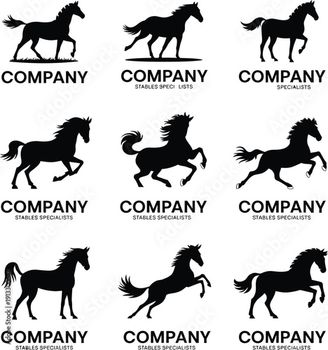 Collection of 9 Black Horse Silhouettes - Majestic Equine Vector Graphics for Branding.