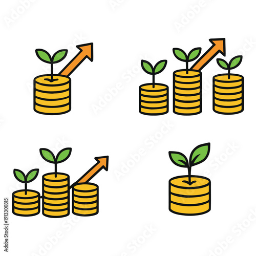 Growth and investment illustrated with coins and sprouting plants.