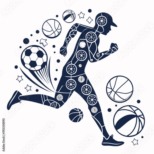 man running with soccer and basketballs in motion