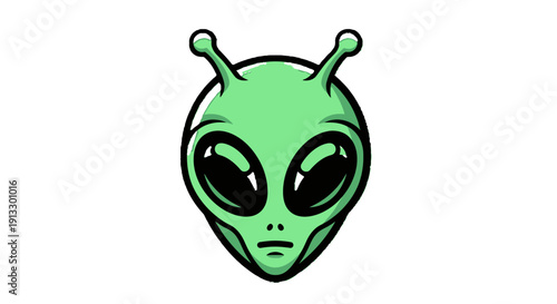 Mysterious Green Alien Head Cartoon Character Looking with Big Eyes on Isolated White Background