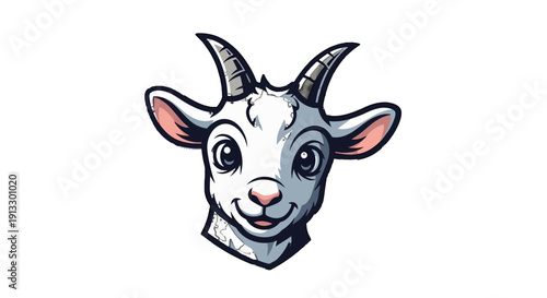 Friendly Goat Head Cartoon Character Smiling Happily with Horns on Isolated White Background
