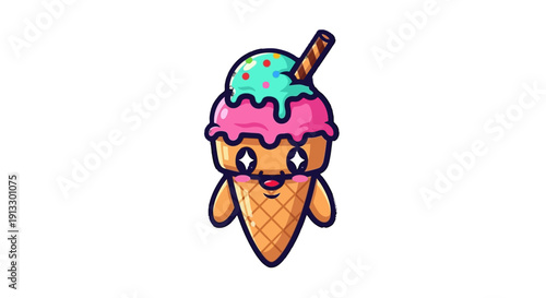 Happy Ice Cream Cone Cartoon Character Smiling Cheerfully on Isolated White Background