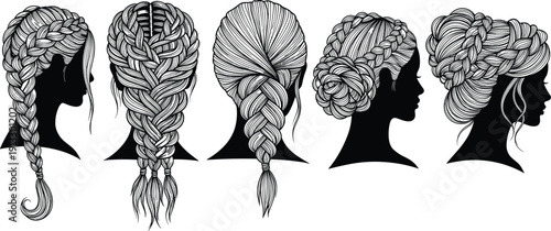 Hand Drawn Vector Collection of Intricate Female Braided Hairstyles Featuring French Braids Dutch Plaits and Elegant Updos in a Black and White Line Art Style