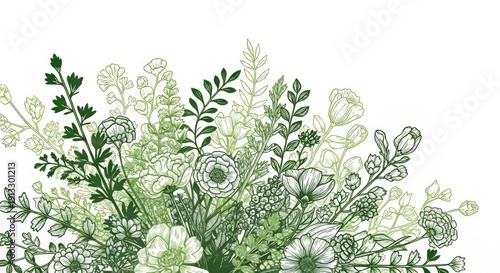 Wallpaper Mural Delicate green botanical illustration with blooming flowers and leaves Torontodigital.ca