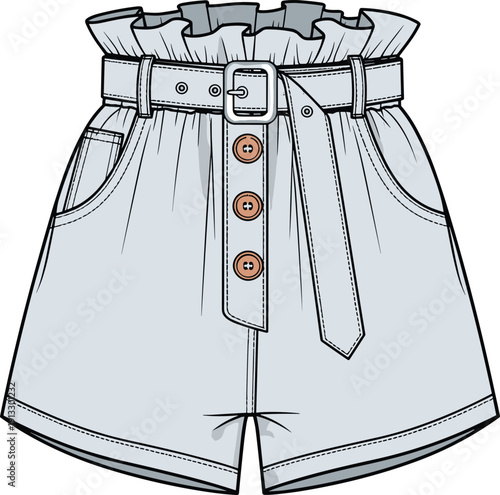 Womens high waisted paperbag shorts technical flat sketch, belted ruffle waist shorts cad drawing, fashion apparel vector illustration, garment design