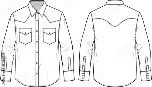 Mens western denim shirt technical flat sketch, button down long sleeve cowboy shirt cad drawing, front and back view fashion vector illustration