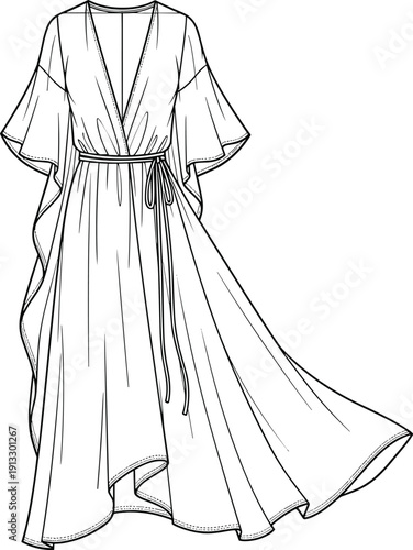 Womens elegant wrap maxi dress technical flat sketch, deep V neck butterfly sleeve gown cad drawing, fashion apparel vector illustration