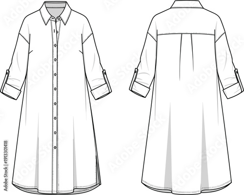 Women oversized longline button up shirt dress technical CAD drawing with rolled sleeves front and back view flat vector illustration.