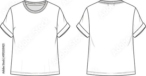 Short sleeve t-shirt technical CAD drawing with rolled cuff and crew neck front and back view flat vector illustration tech pack.