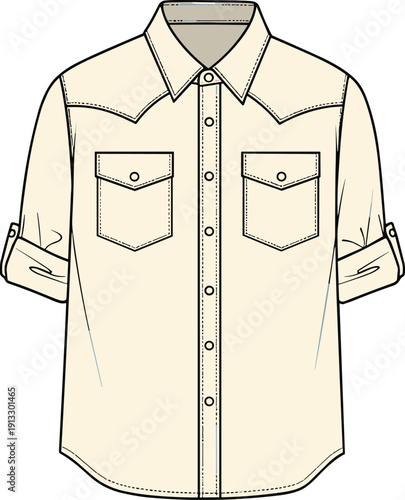 Mens Western style button up shirt technical CAD drawing with pointed yokes and flap pockets flat vector illustration tech pack.