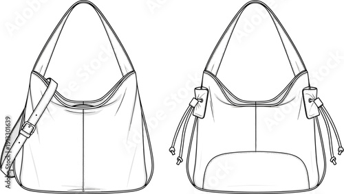 Women hobo shoulder bag technical CAD drawing with adjustable strap and drawstring details flat vector illustration for fashion tech pack.