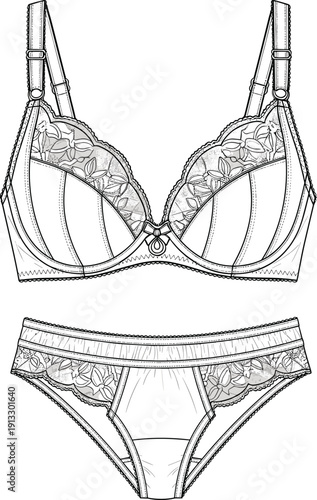 Lingerie set technical CAD drawing with lace detail bra and matching panty, flat vector illustration for fashion design and tech pack.