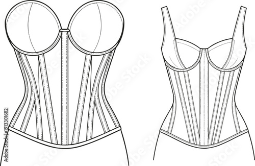 Women's strapless corset bustier top with boning detail and wide strap version fashion technical sketch, cad drawing flat vector illustration