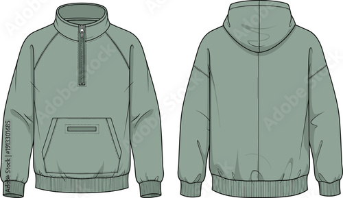 Oversized half-zip hoodie CAD drawing with raglan sleeves and kangaroo pocket front and back view flat vector illustration for tech pack.