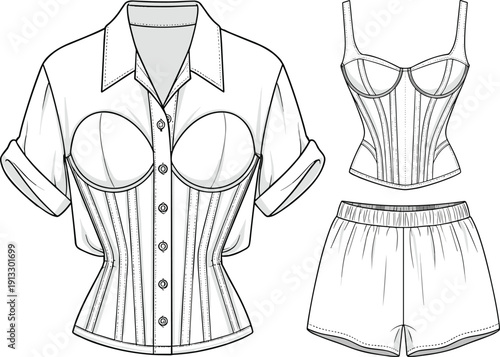 Women's button down shirt with corset overlay and matching bustier top shorts set fashion technical sketch, cad drawing flat vector illustration