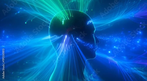 Abstract human head profile with vibrant light rays emanating from it