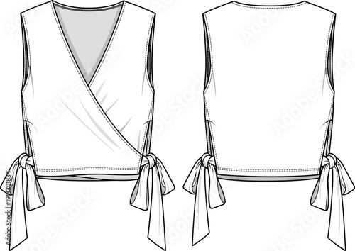 Women's V Neck Wrap Vest Crop Top Technical Sketch, Side Tie Knot Detail, Front and Back View, CAD Drawing Flat Vector Illustration