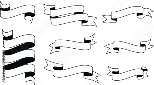 Set of 8 clean white ribbon banner designs with shadow effects, perfect for labels, tags, and marketing call-to-actions.